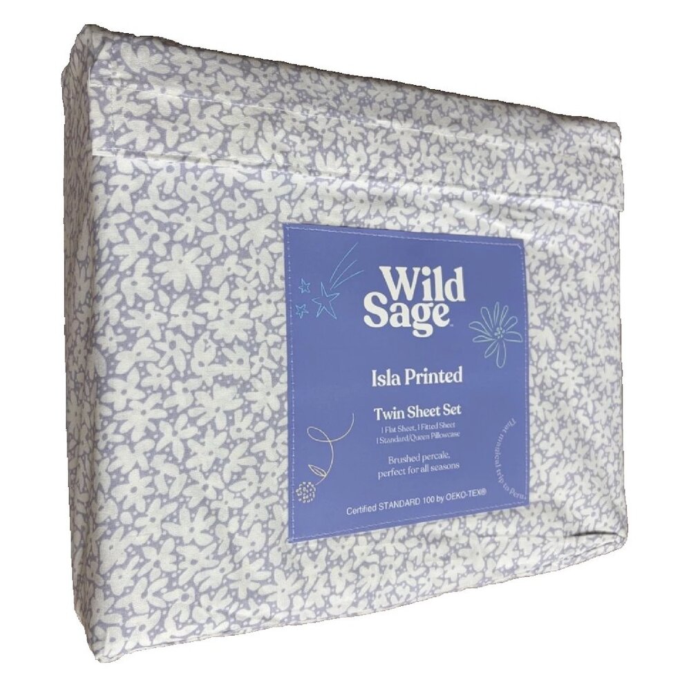 ICELANDIC BLUE Wild Sage Daisy Print 300 TC Cotton Percale-Weave TWIN Sheet Set